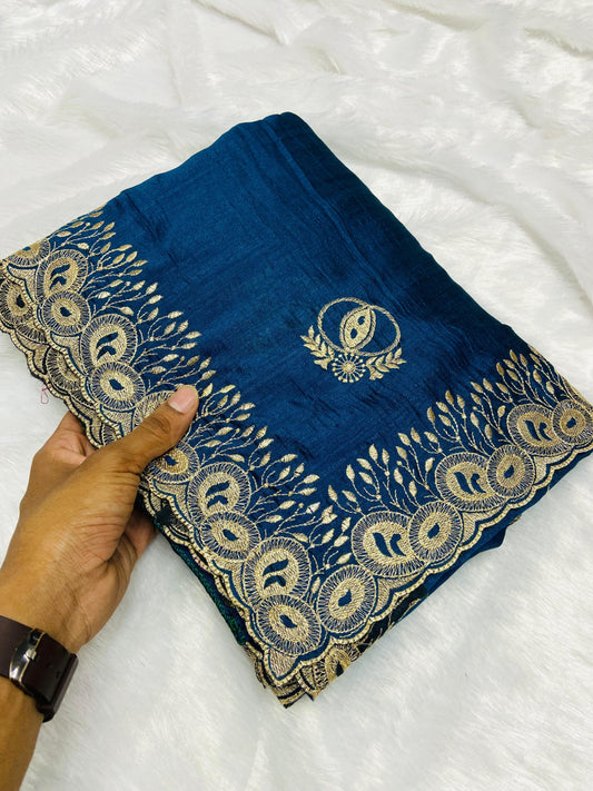 Firoji Color Vichitra Silk Saree With Beautiful Cutwork & Embroidery Border