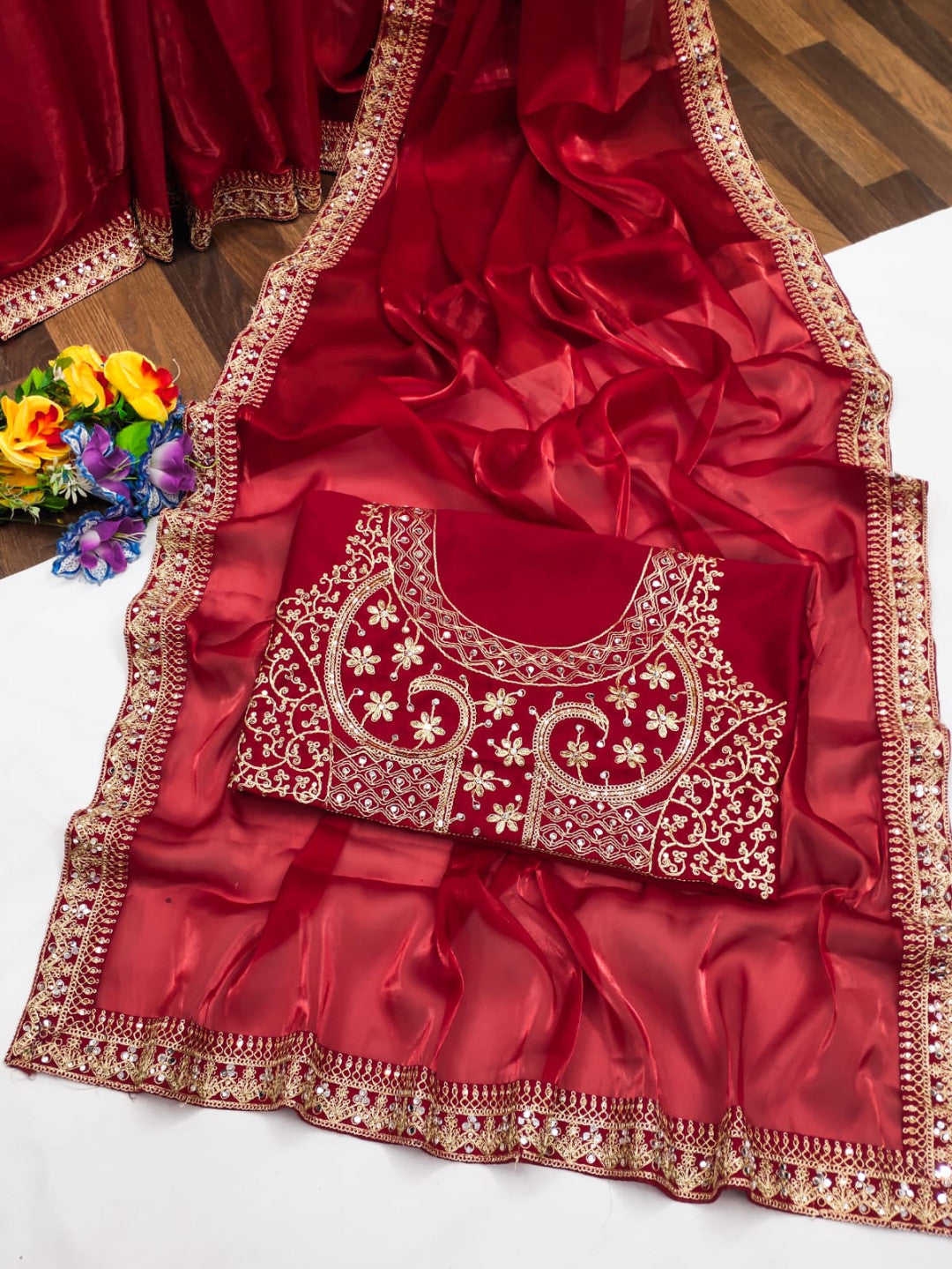 Red Fancy Jimmy Choo Satin Silk Saree With Embrodery & Sequence Work