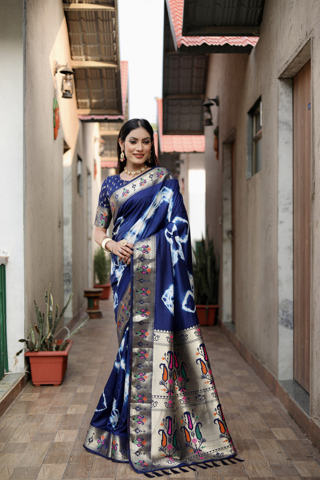 Navy Blue Color Soft Dola Silk Saree With Shibori Print & Zari Weaving Work