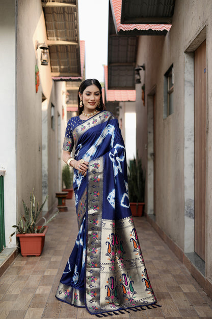 Navy Blue Color Soft Dola Silk Saree With Shibori Print & Zari Weaving Work