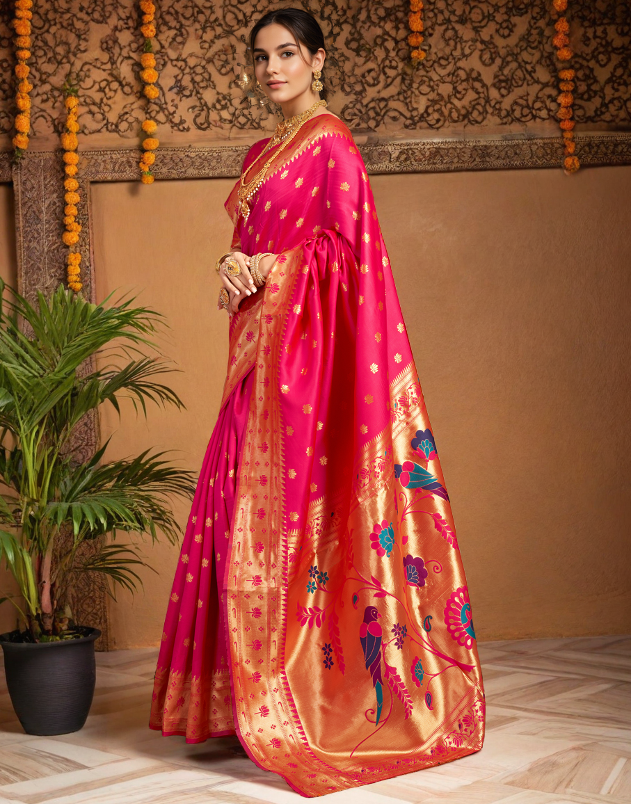 Traditional Pink Paithani Silk Saree With Zari Weaving Work