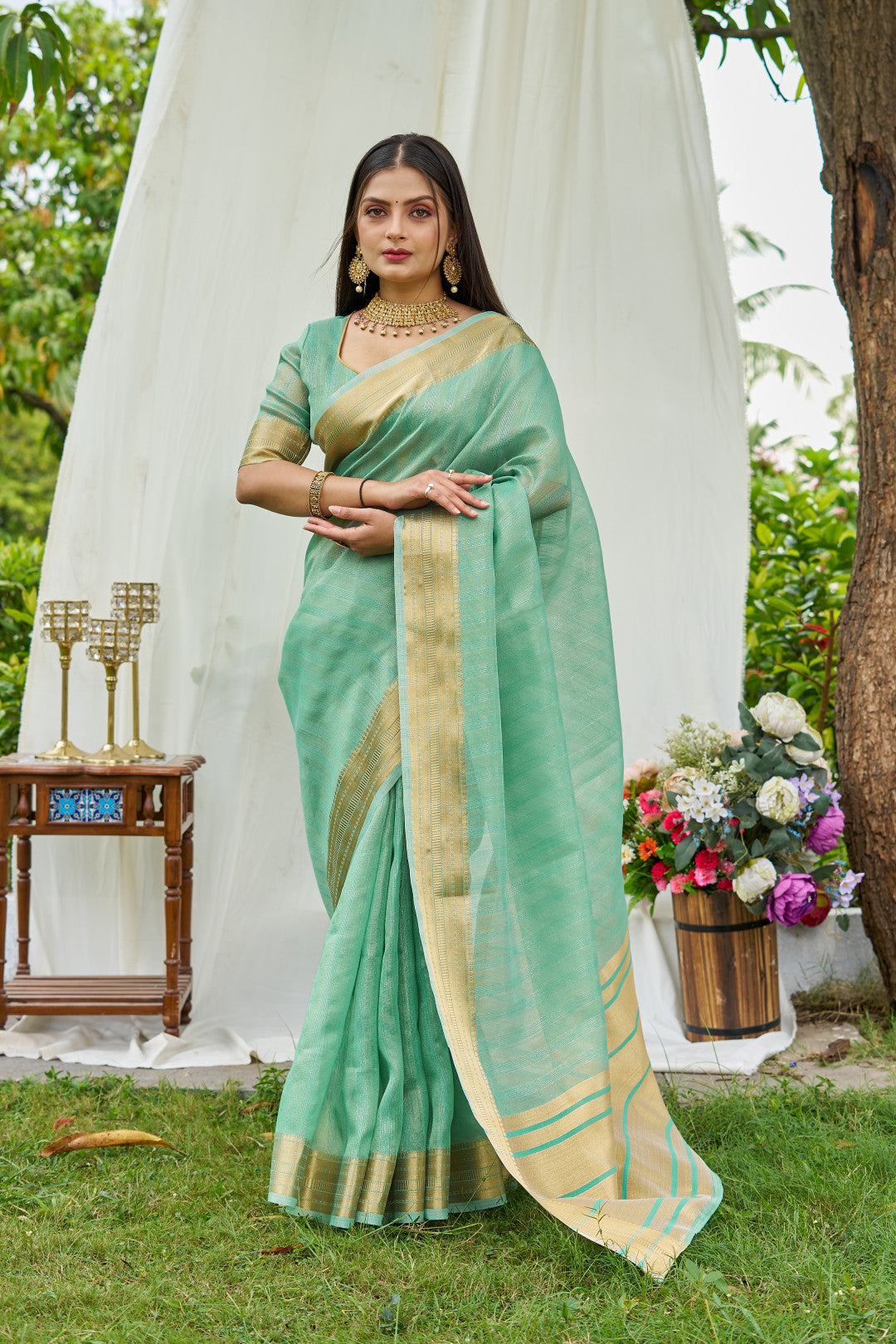 Sea Green Colour Linen Cotton Saree With Zari Weaving Border