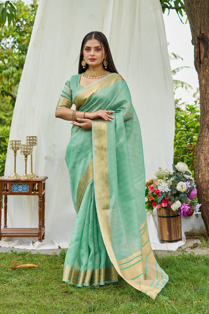 Sea Green Colour Linen Cotton Saree With Zari Weaving Border