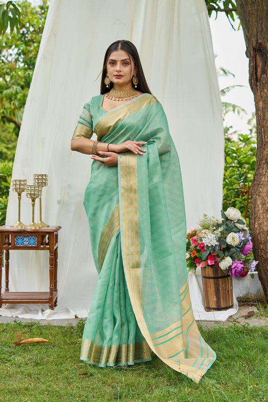 Sea Green Colour Linen Cotton Saree With Zari Weaving Border