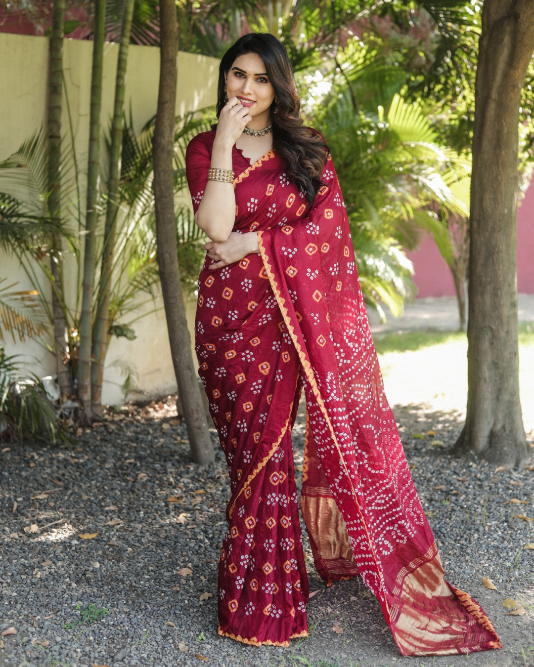 Red Color Bandhej Silk Saree With Printed Work