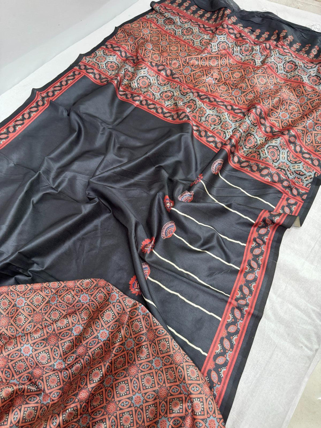 Black Ajrakh Print Tussar Silk Saree