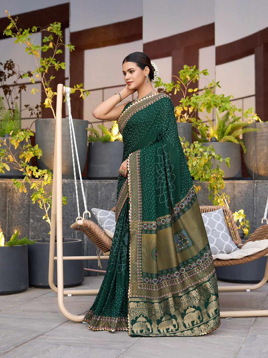 Green Stylist Soft Cotton Saree With Unique Table Printed & Lace Border