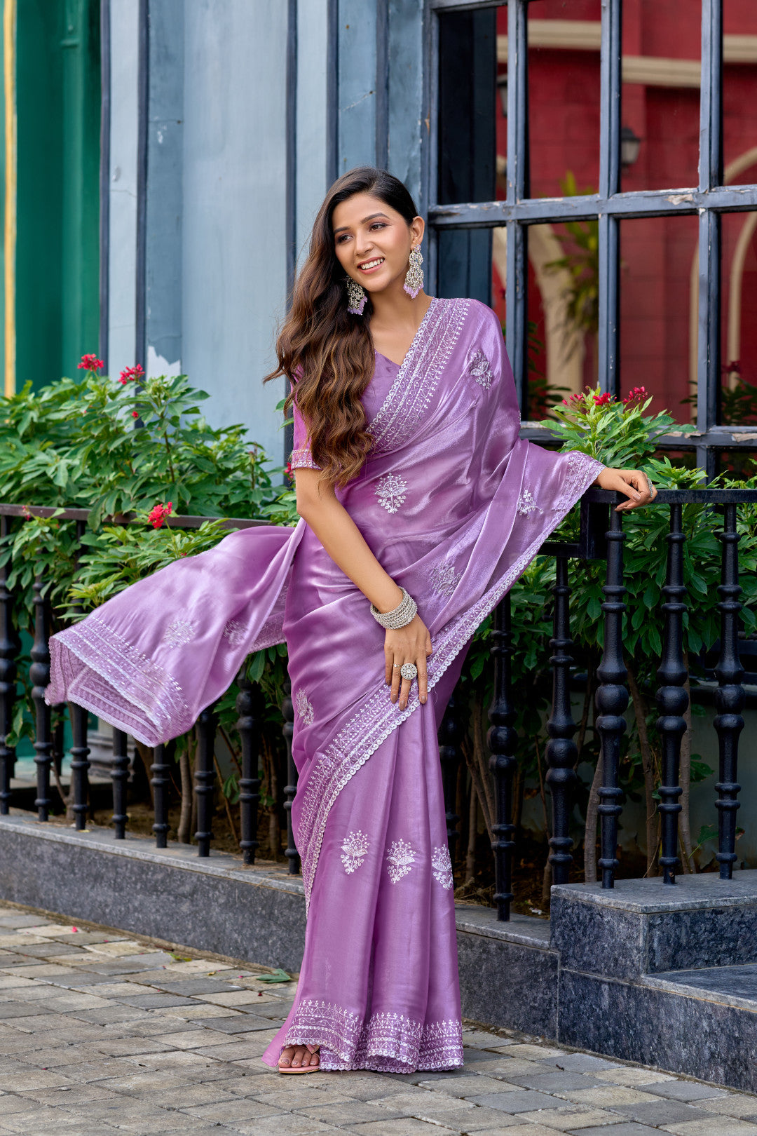 Lavender Fancy Shimmer Chiffon Saree With Embroidery Work