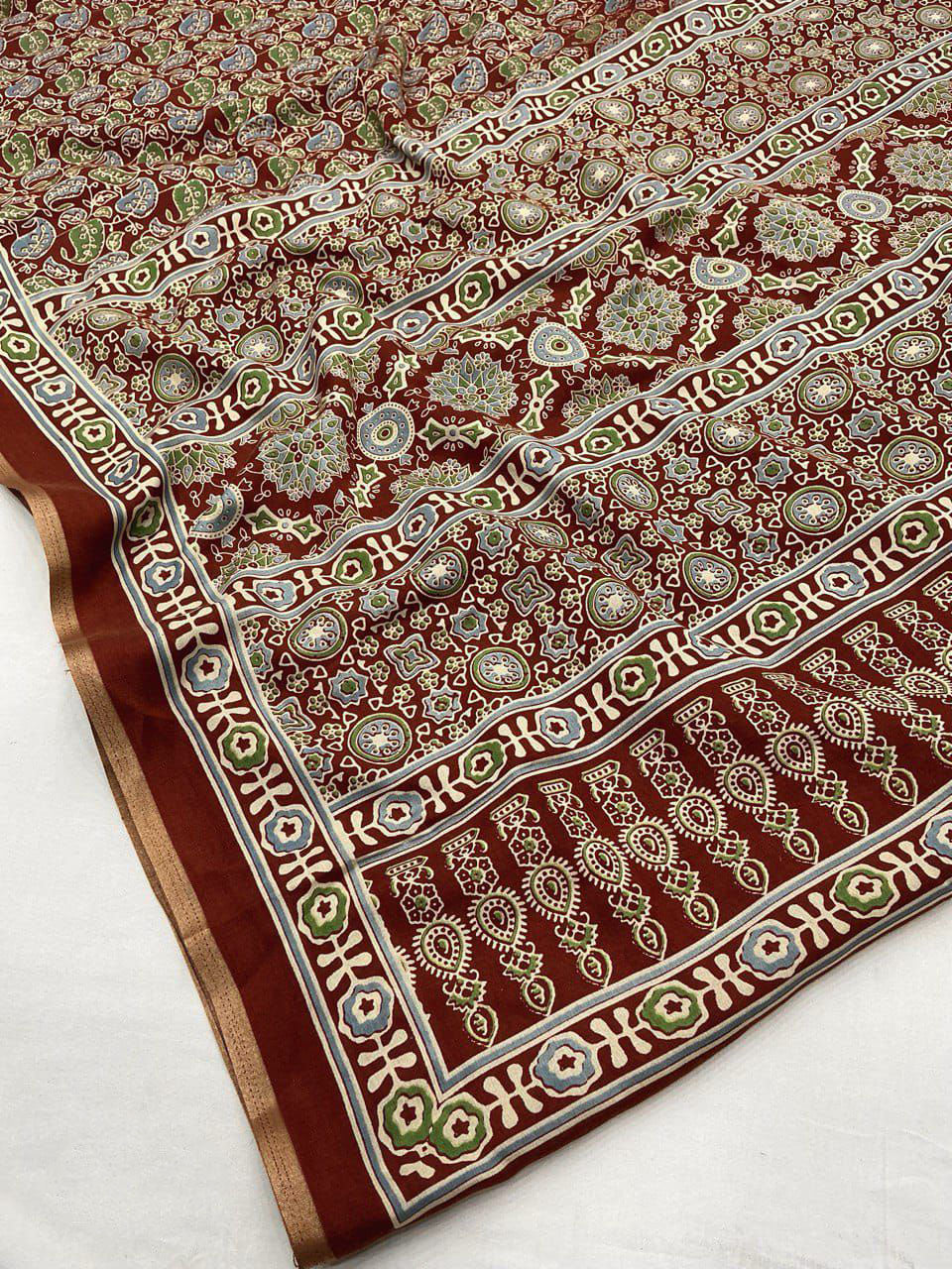 Brown Ajrakh Printed Soft Cotton Saree