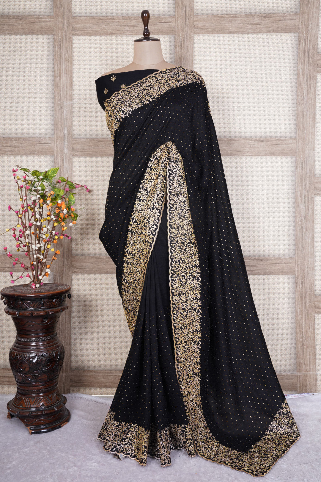 Black Color Soft Vichitra Silk Saree With Embroidery Work