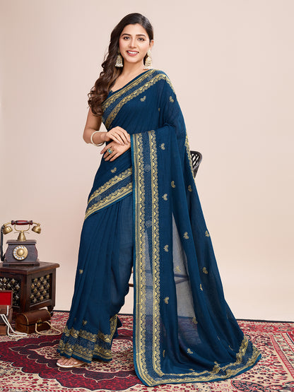 Fancy Blue Soft Vichitra Silk Saree With Embroidery Work