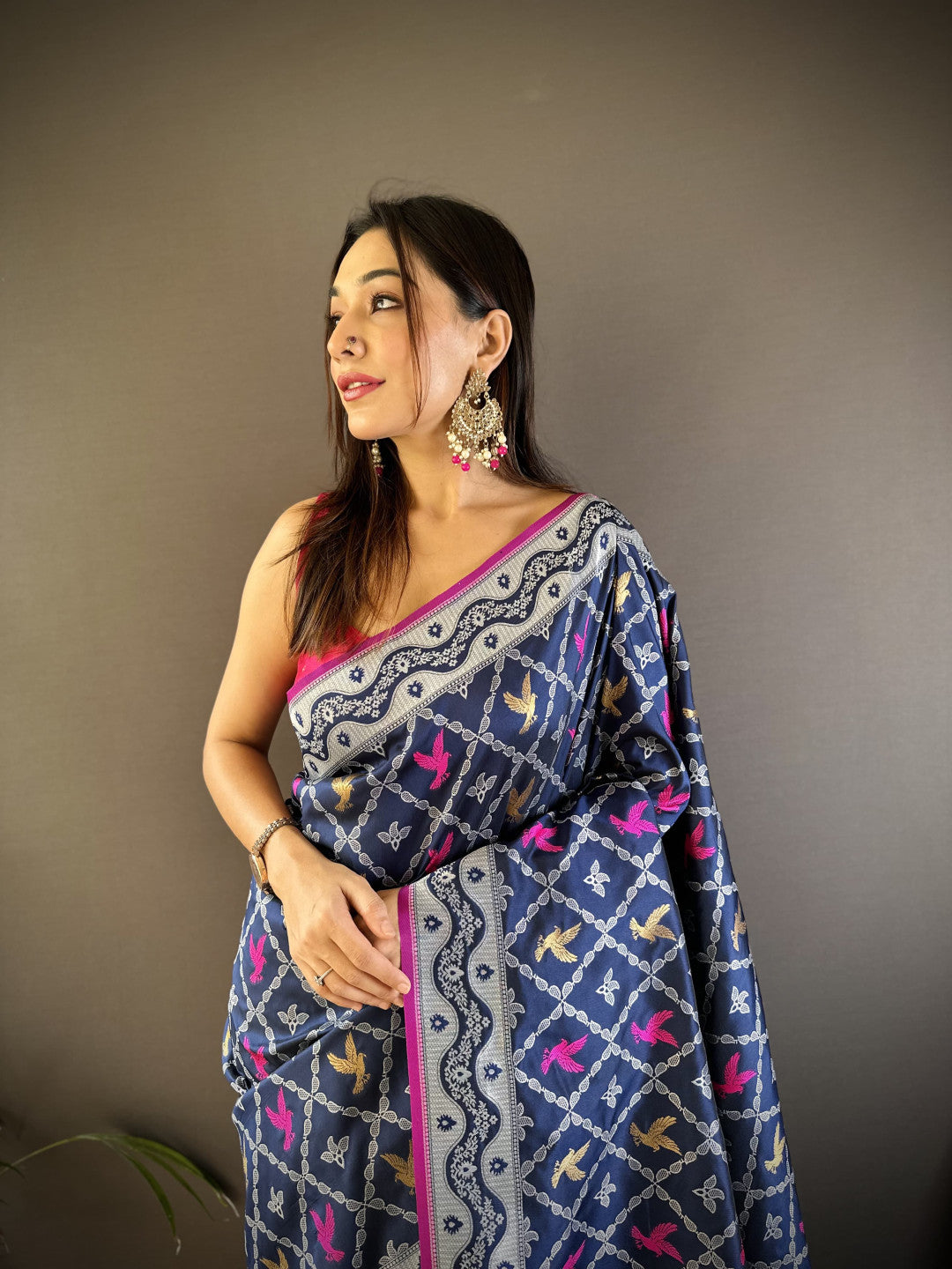 Navy Blue Lichi Silk Saree With Zari Weaving Work