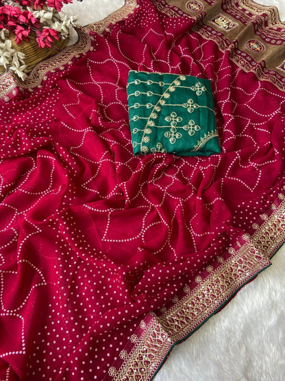 Pink Vichitra Silk Saree With Khadi Bandhej Heavy Pallu With Hotpcs C Pallu Work