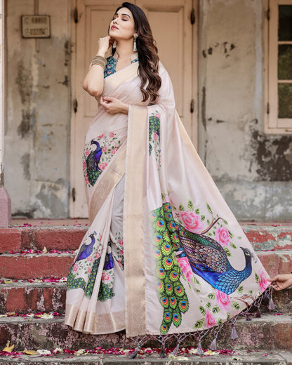 Pastel Pink Peacock Kalamkari Printed Tussar Silk Saree With Zari Motif Border