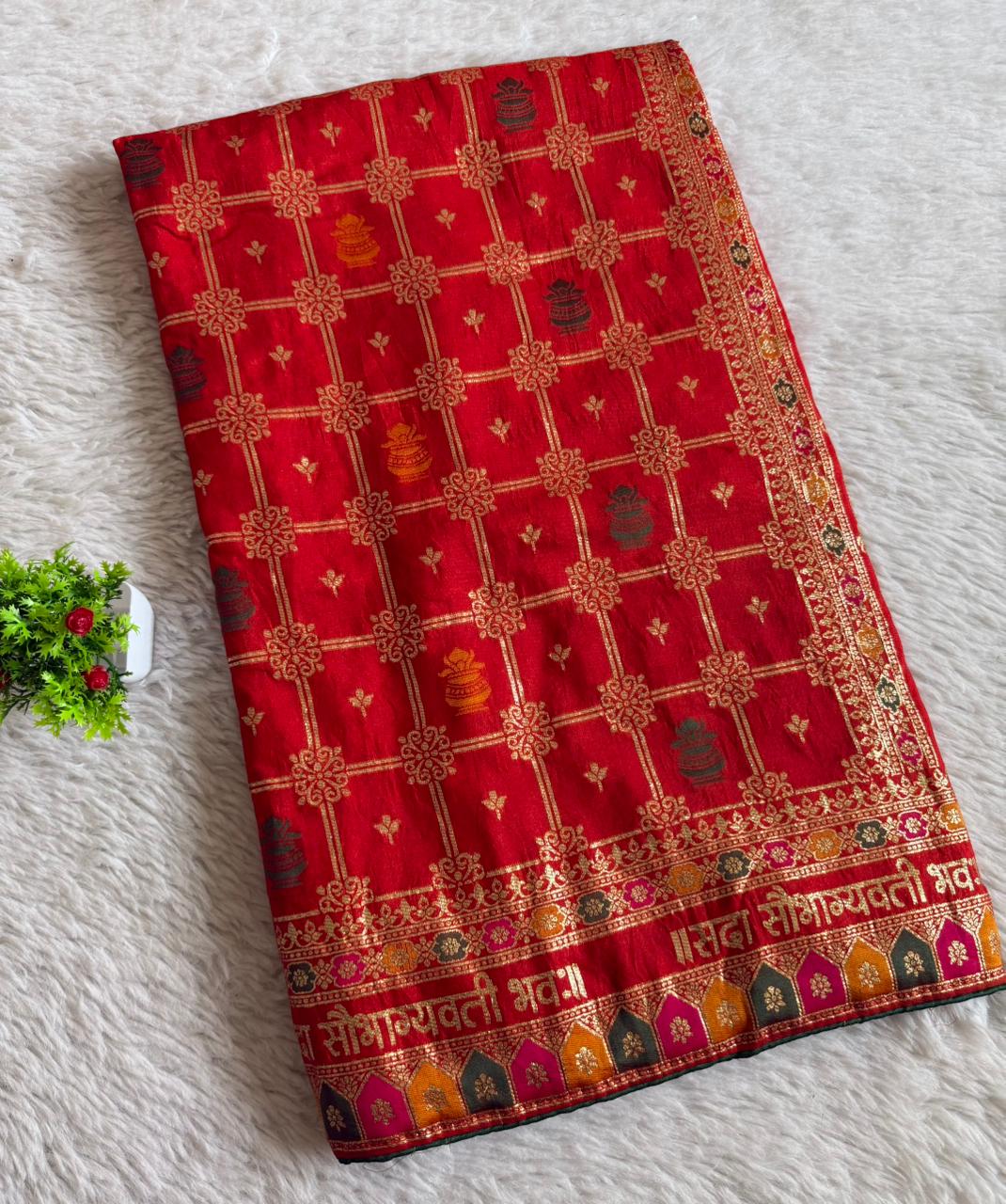 Red Viscose Silk Saree With Meenakari Zari Weaving Work With Contrast Piping