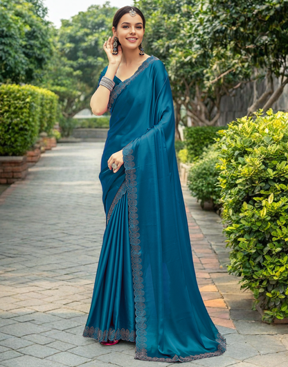 Party Wear Morpeach Satin Silk Fancy Saree With Siroski Work