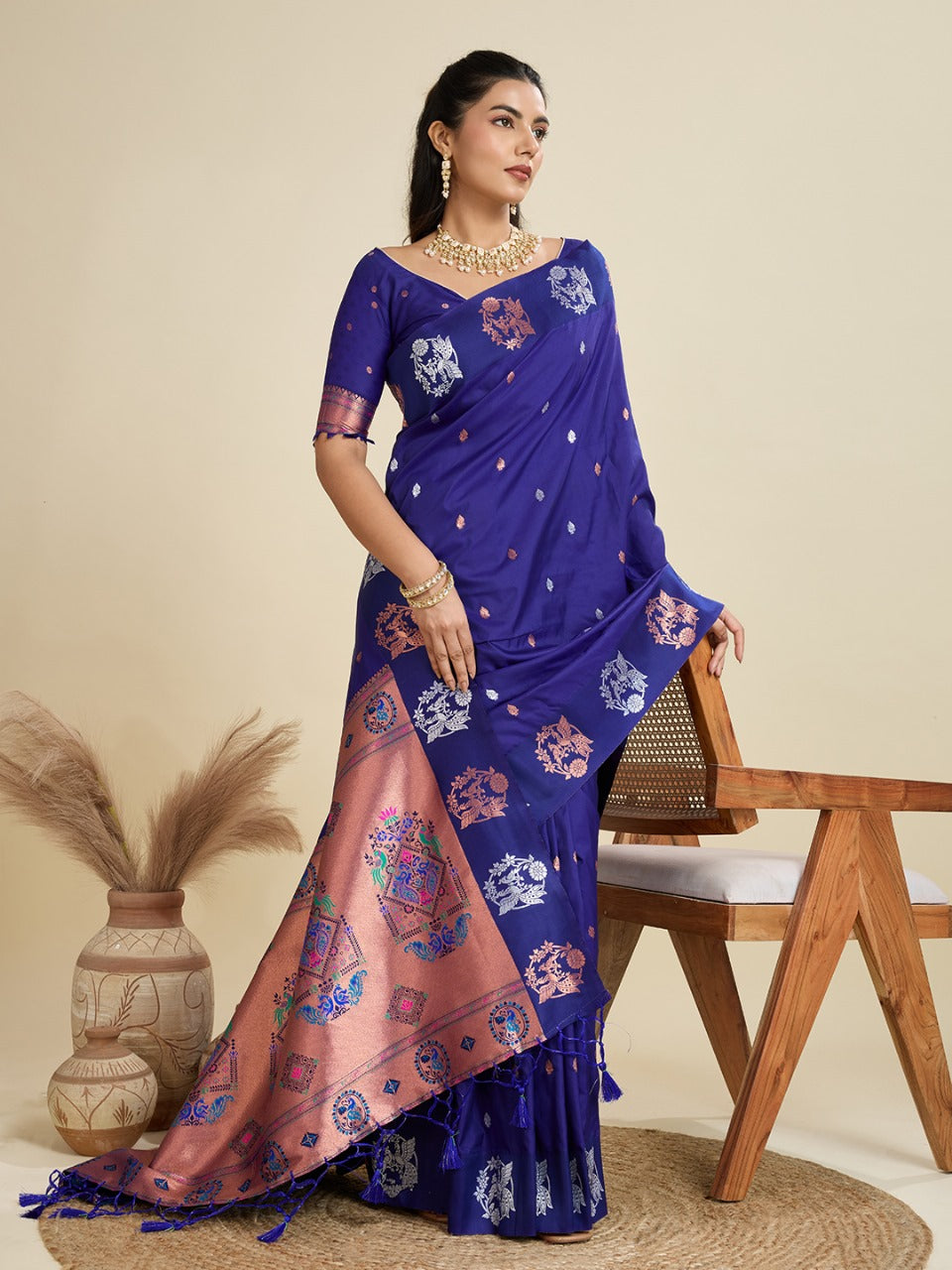 Violet Kanjivaram Silk Saree With Zari Weaving Butta Border & Designer Rich Paithani Pallu