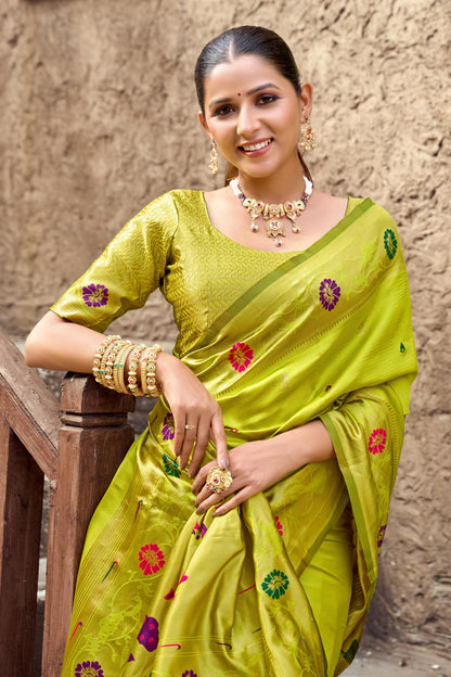 Traditional Parrot Green Paithani Silk Saree With Zari Weaving Work