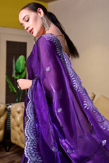 Purple Fancy Shimmer Chiffon Saree With Embroidery Work