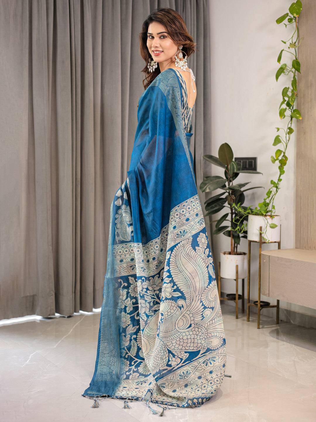 Royal Blue Kalamkari Digital Printed Linen Cotton Saree