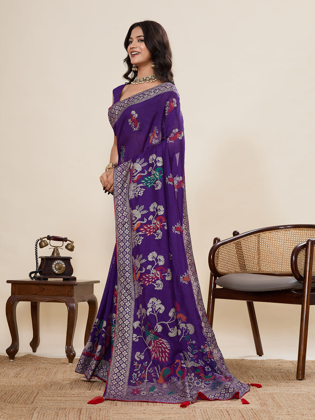 Purple Cotton Saree With Table Printed And Foil Work With Pipeing Border
