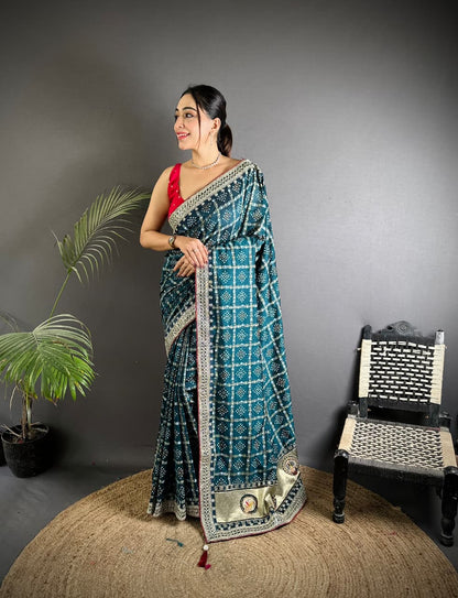 Firoji Traditional Blooming Vichitra Khadi Bandhej Silk Saree With Sequence Work