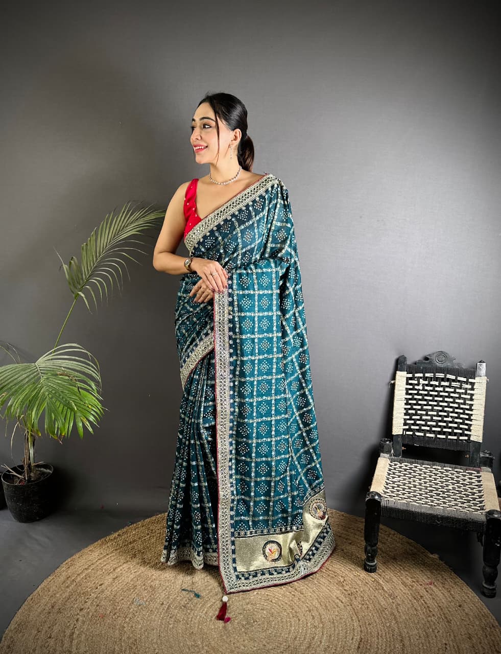 Firoji Traditional Blooming Vichitra Khadi Bandhej Silk Saree With Sequence Work