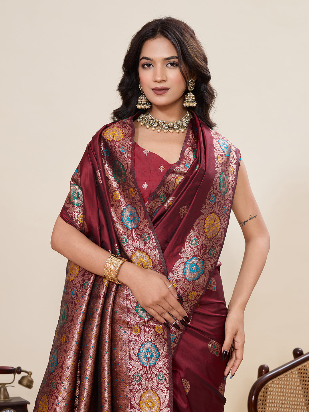 Traditional Maroon Color Jacquard Silk Saree With Zari Work
