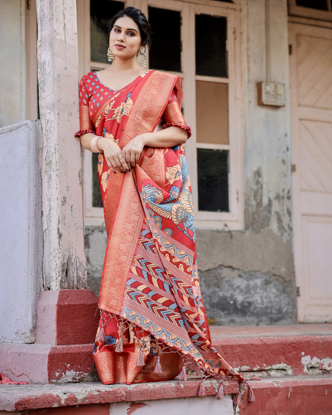 Red Digital Kalamkari Printed Tussar Silk Saree With Zari Motif Border