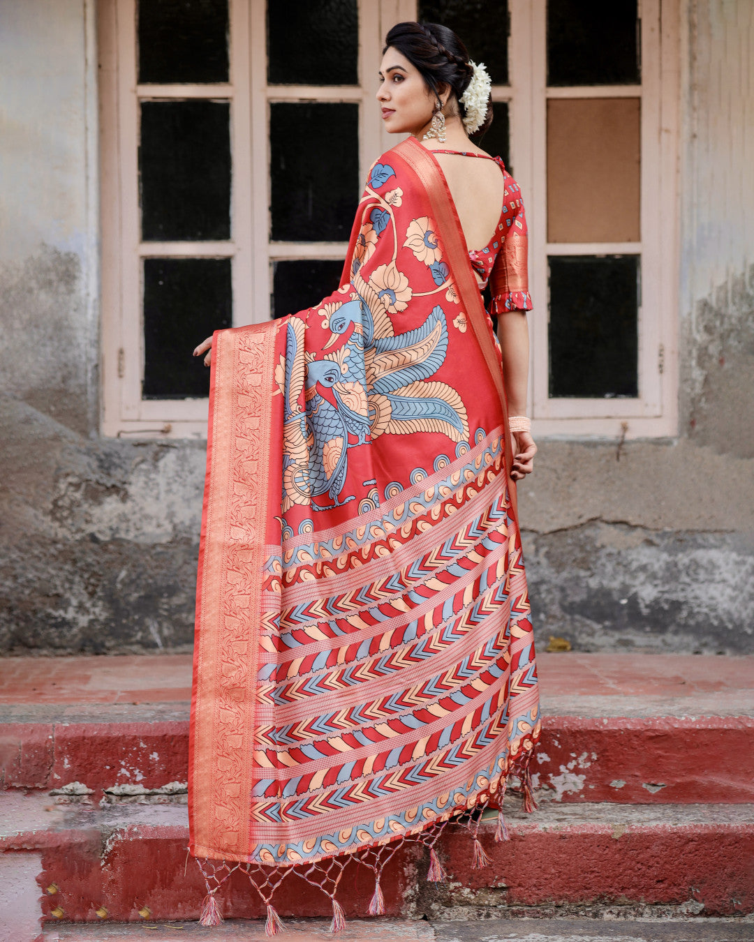 Red Digital Kalamkari Printed Tussar Silk Saree With Zari Motif Border