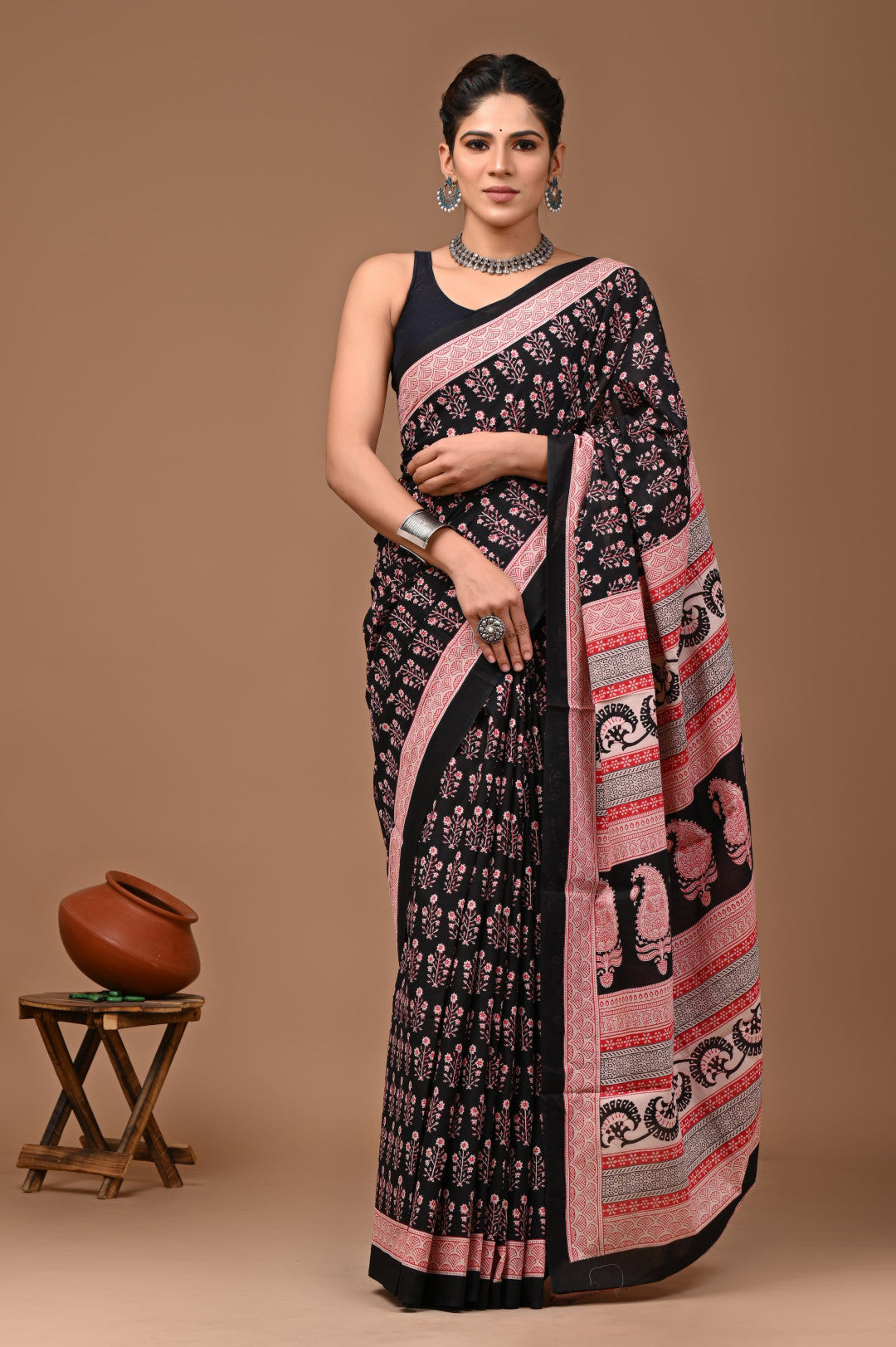 Multi Pure Mulmul Cotton Saree With Bagru Hand Block Printed Work