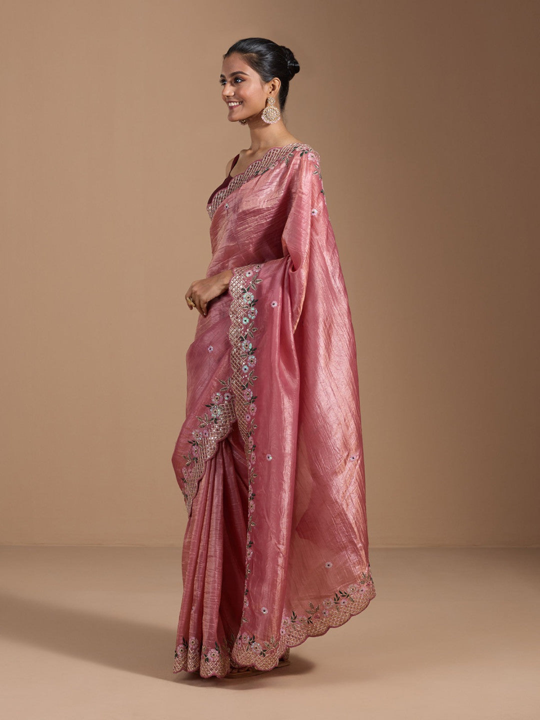 Pink Gold Crush Silk Saree With Thread Sequence Work With Beautiful Cutting Border