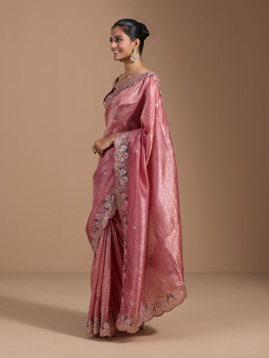 Pink Gold Crush Silk Saree With Thread Sequence Work With Beautiful Cutting Border