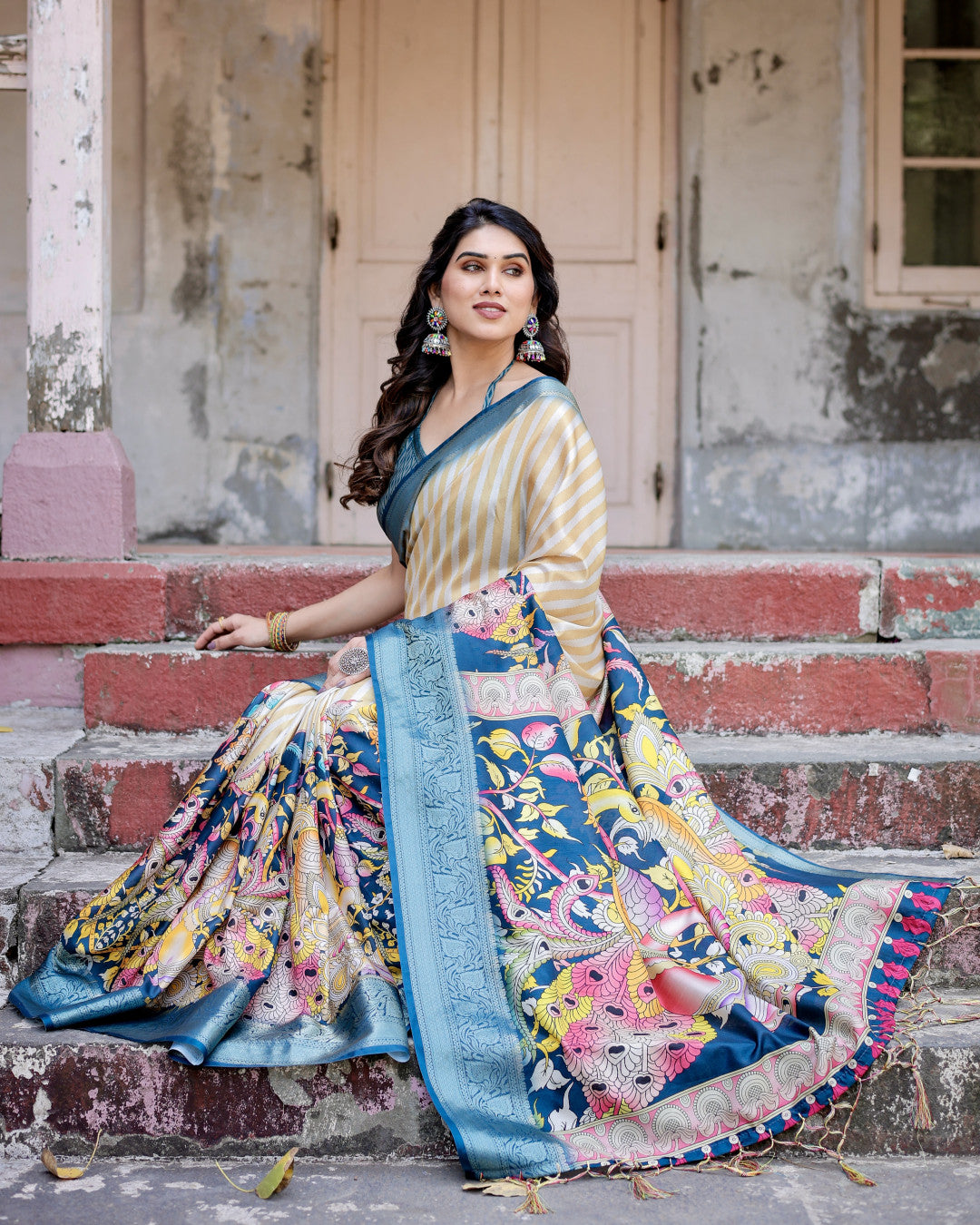 Multi Kalamkari Digital Printed Tussar Silk Saree With Zari Motif Border