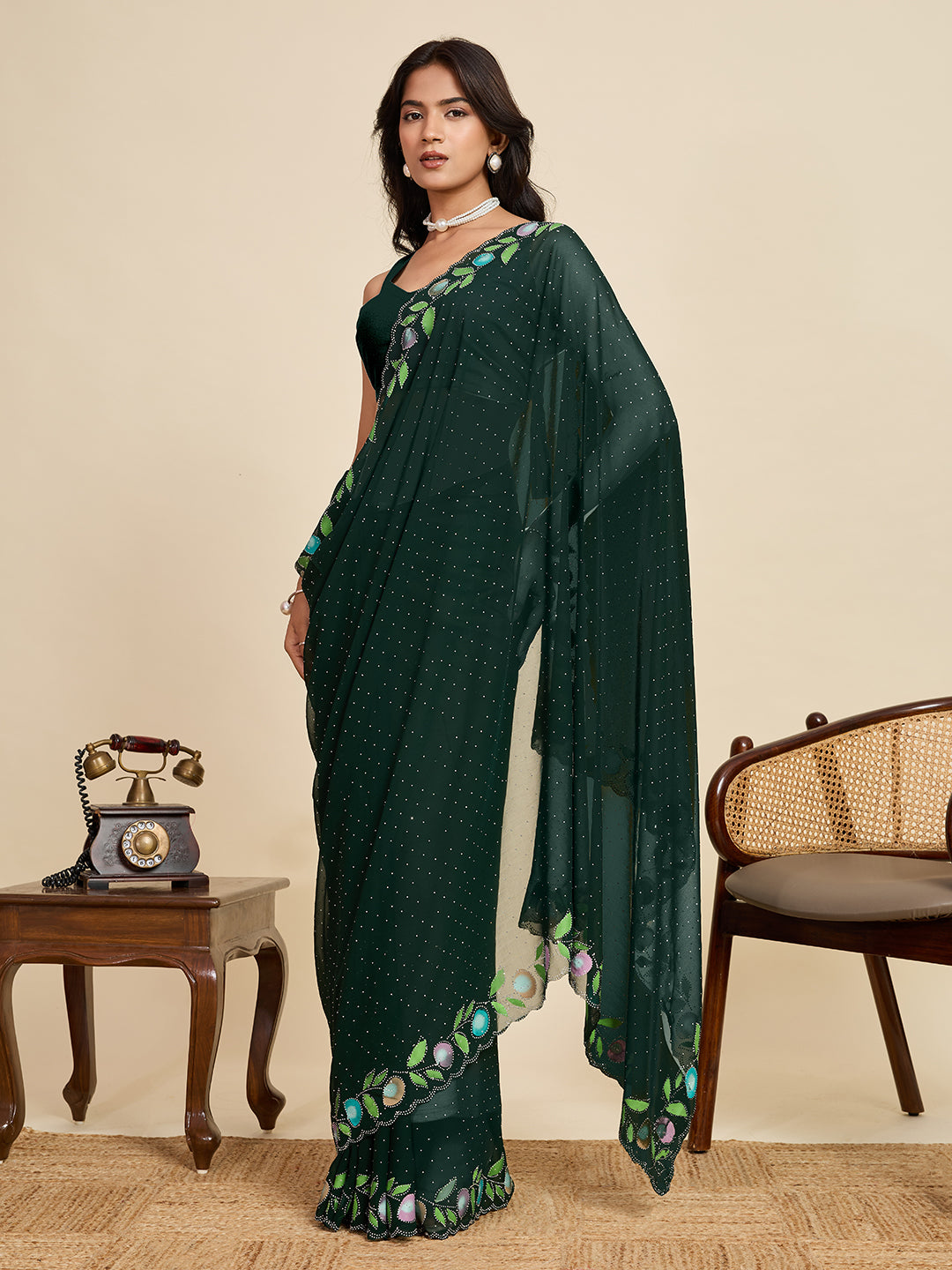 Green Color Georgette Saree With Brush Print And Siroski Work