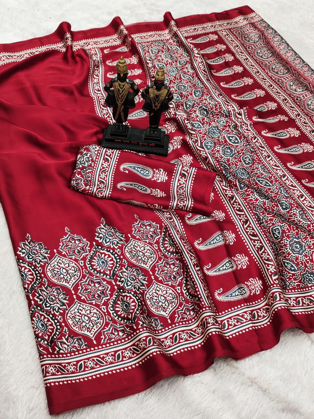 Red Fancy Ajrakh Printed Crepe Silk Saree