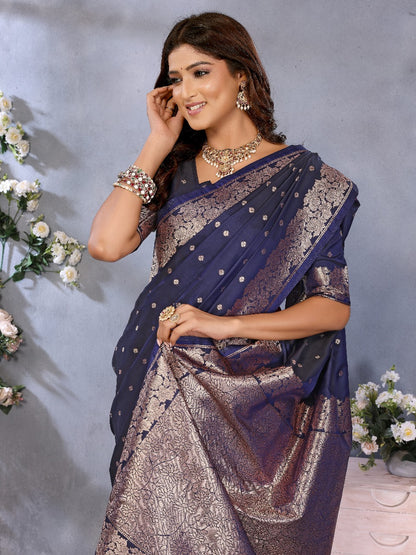 Navy Blue Traditional Banarasi Silk Saree With Zari Weaving Work