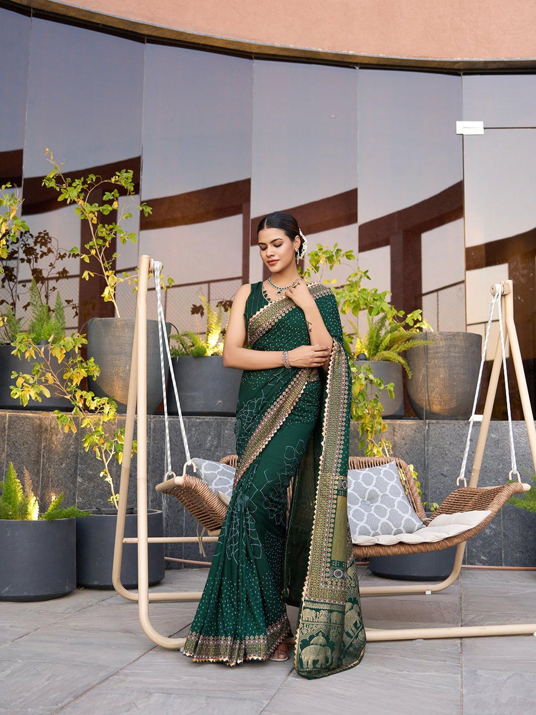 Green Stylist Soft Cotton Saree With Unique Table Printed & Lace Border