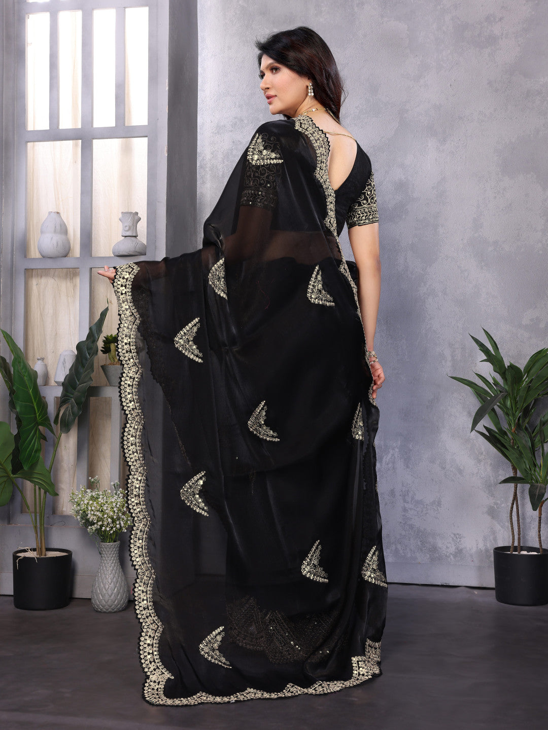Black Fancy Shimmer Chiffon Saree With Embroidery Work