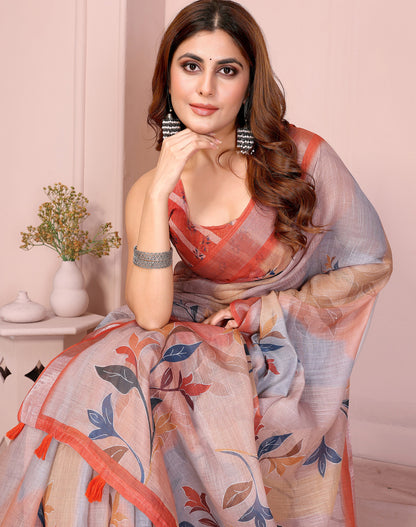 Multi Linen Cotton Saree With Digital Printed Work And Silver Zari Border