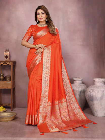 Orange Premium Dola Silk Saree With Meenakari Weaving Work