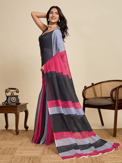Multi Linen Cotton Saree With Digital Printed Work And Silver Zari Border