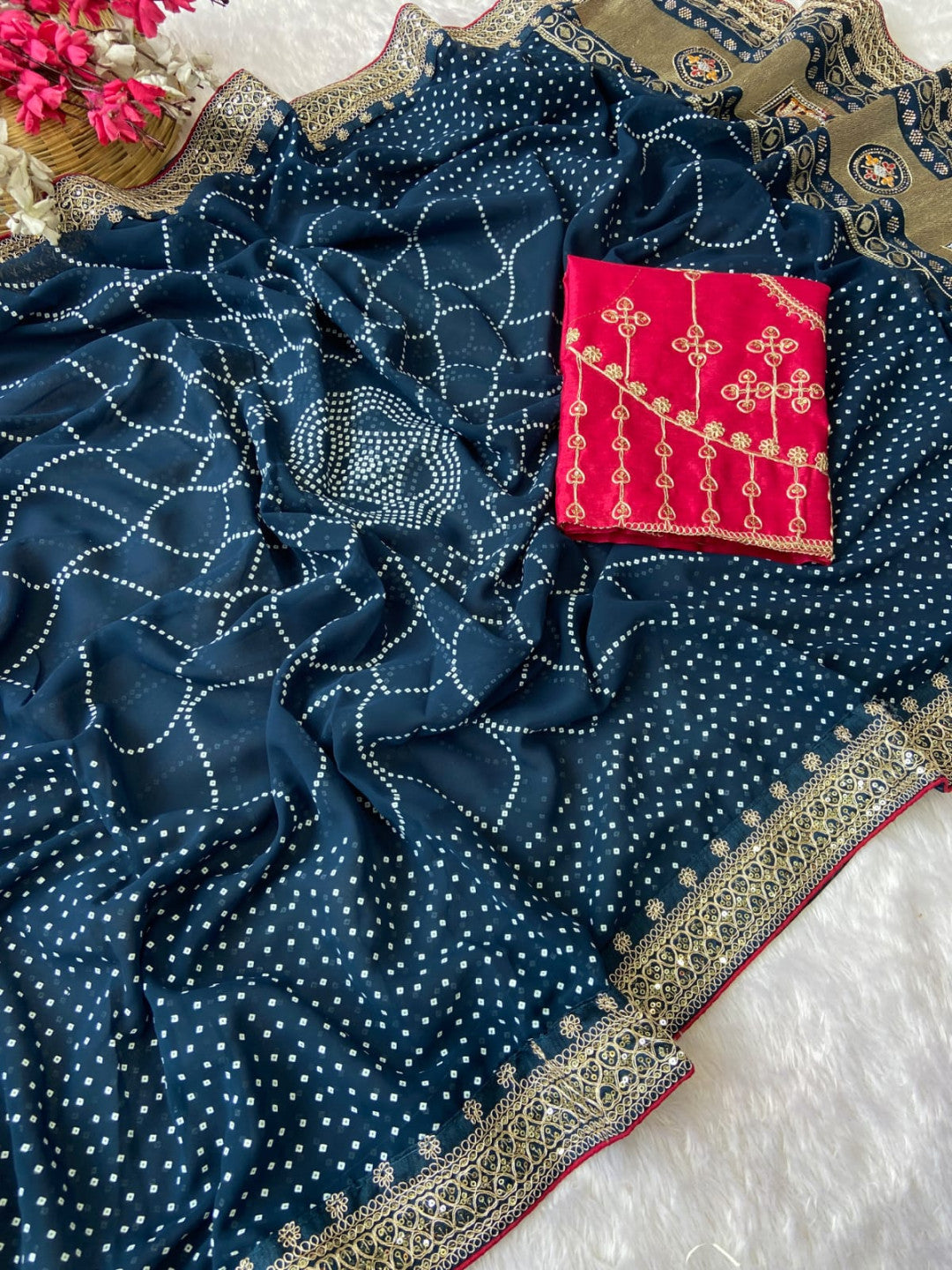 Navy Blue Vichitra Silk Saree With Khadi Bandhej Heavy Pallu With Hotpcs C Pallu Work