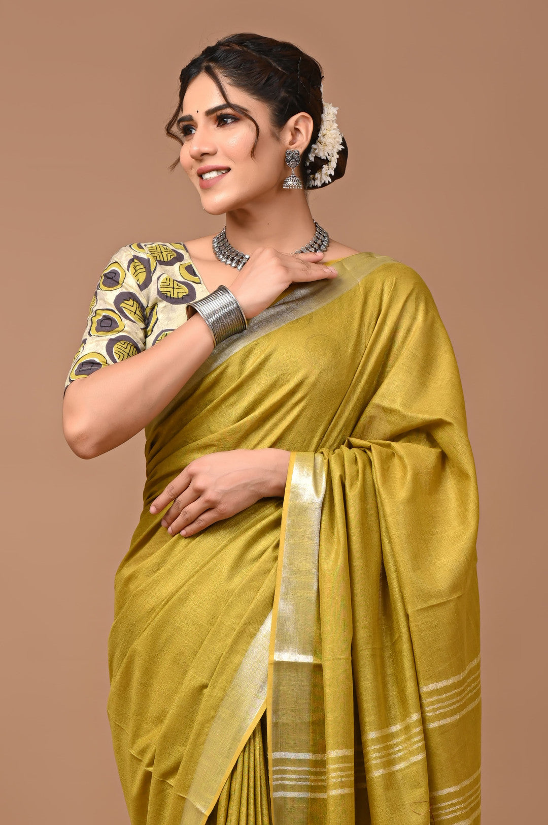 Mustrad Yellow Colour Pure Plain Linen Cotton Saree With Ajrakh Blockprinted Cotton Blouse