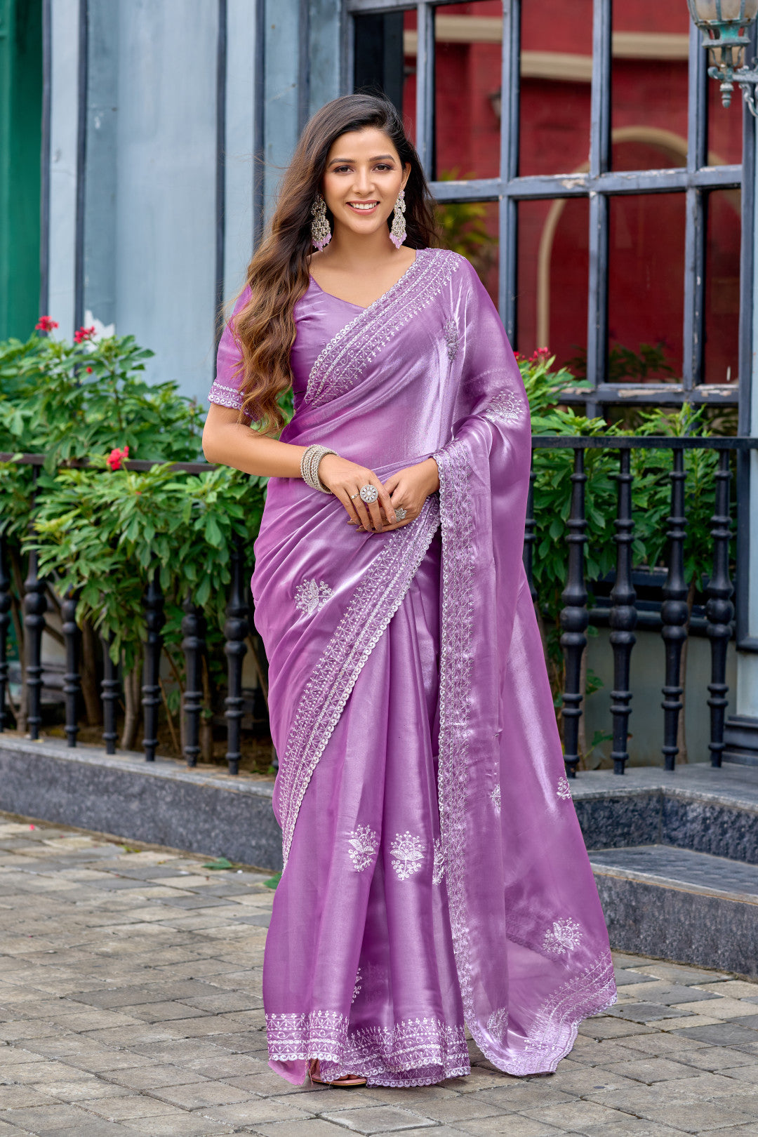 Lavender Fancy Shimmer Chiffon Saree With Embroidery Work