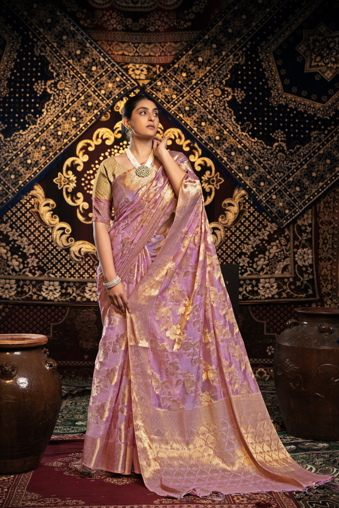 Pink Jimmy Choo Saree With Weaving Work