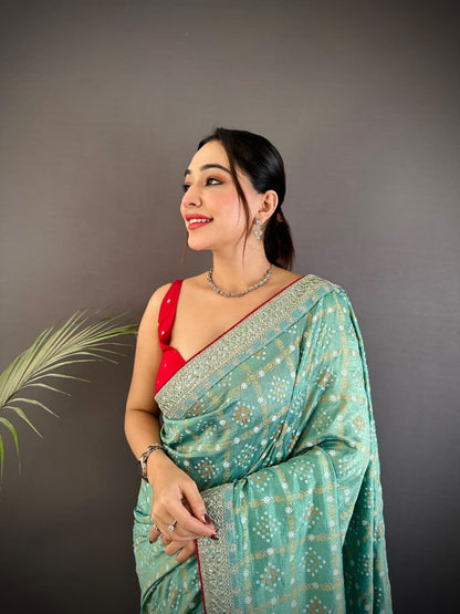 Sea Green Traditional Blooming Vichitra Khadi Bandhej Silk Saree With Sequence Work
