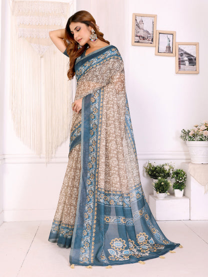 Multi Colour Chanderi Cotton Saree With Digital Printed Work