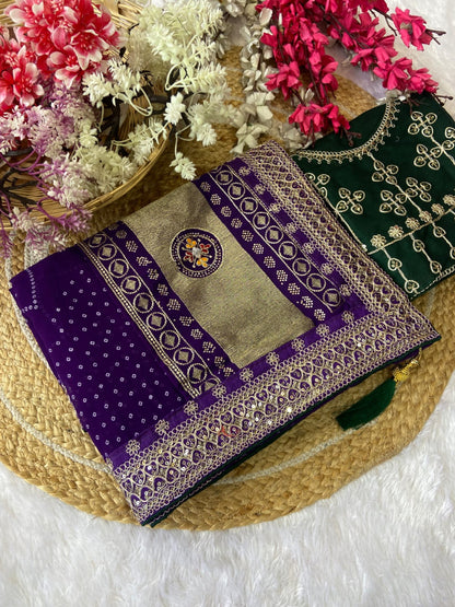 Purple Vichitra Silk Saree With Khadi Bandhej Heavy Pallu With Hotpcs C Pallu Work