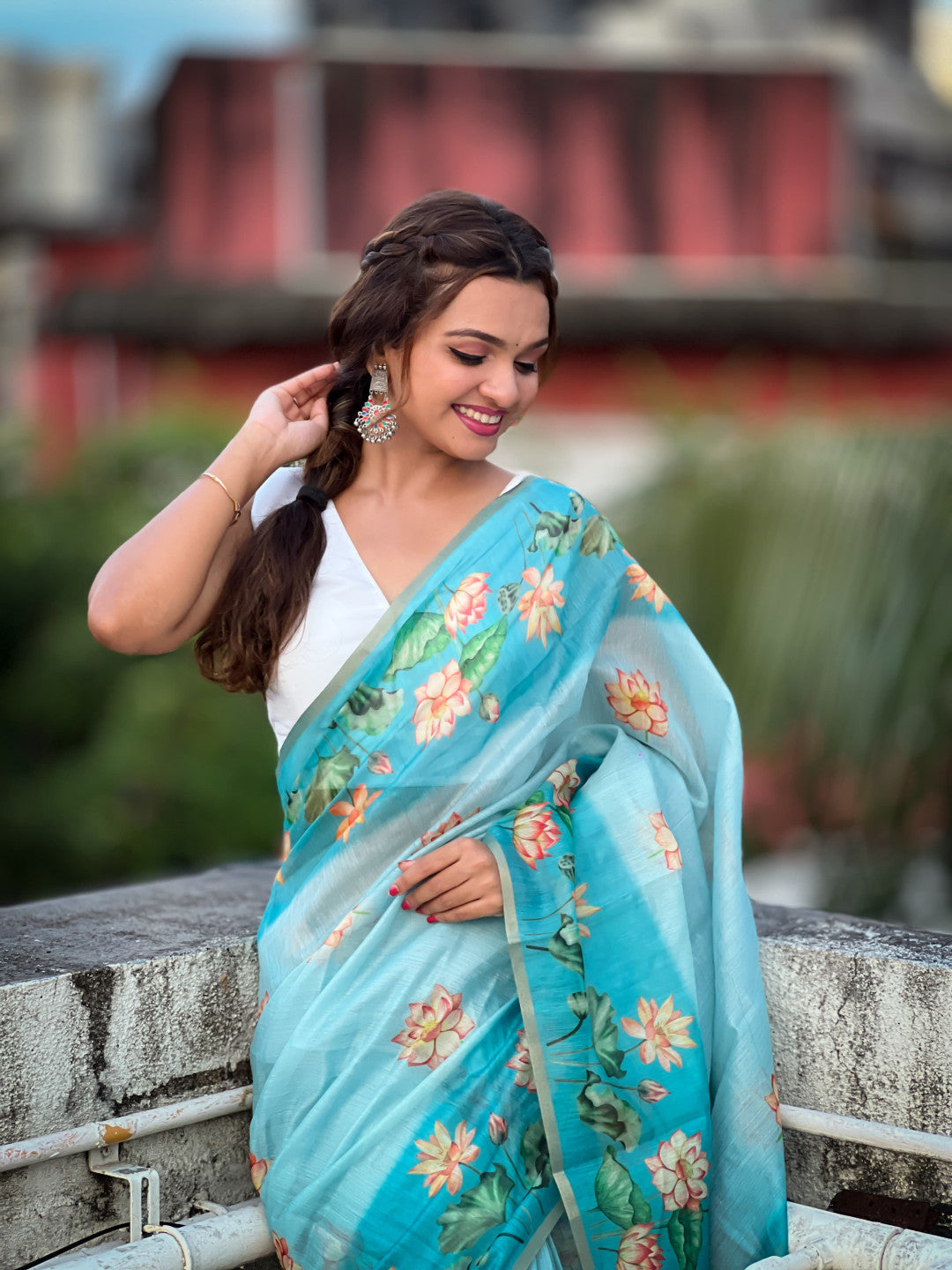 Sky Blue Pichwai Printed Chanderi Cotton Saree